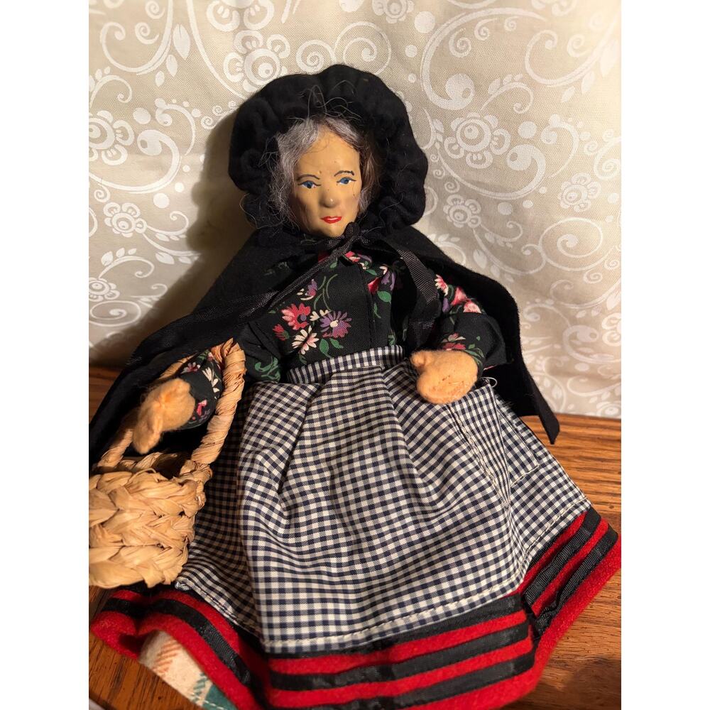 Vintage Handmade Folk Art Doll with Woven‎ Basket